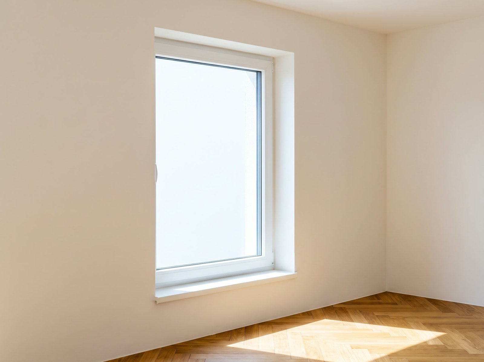 Neues Kunststofffenster nach Maß, sauber in die Wand eingesetzt, mit sauberem Anschluss und Fensterbank