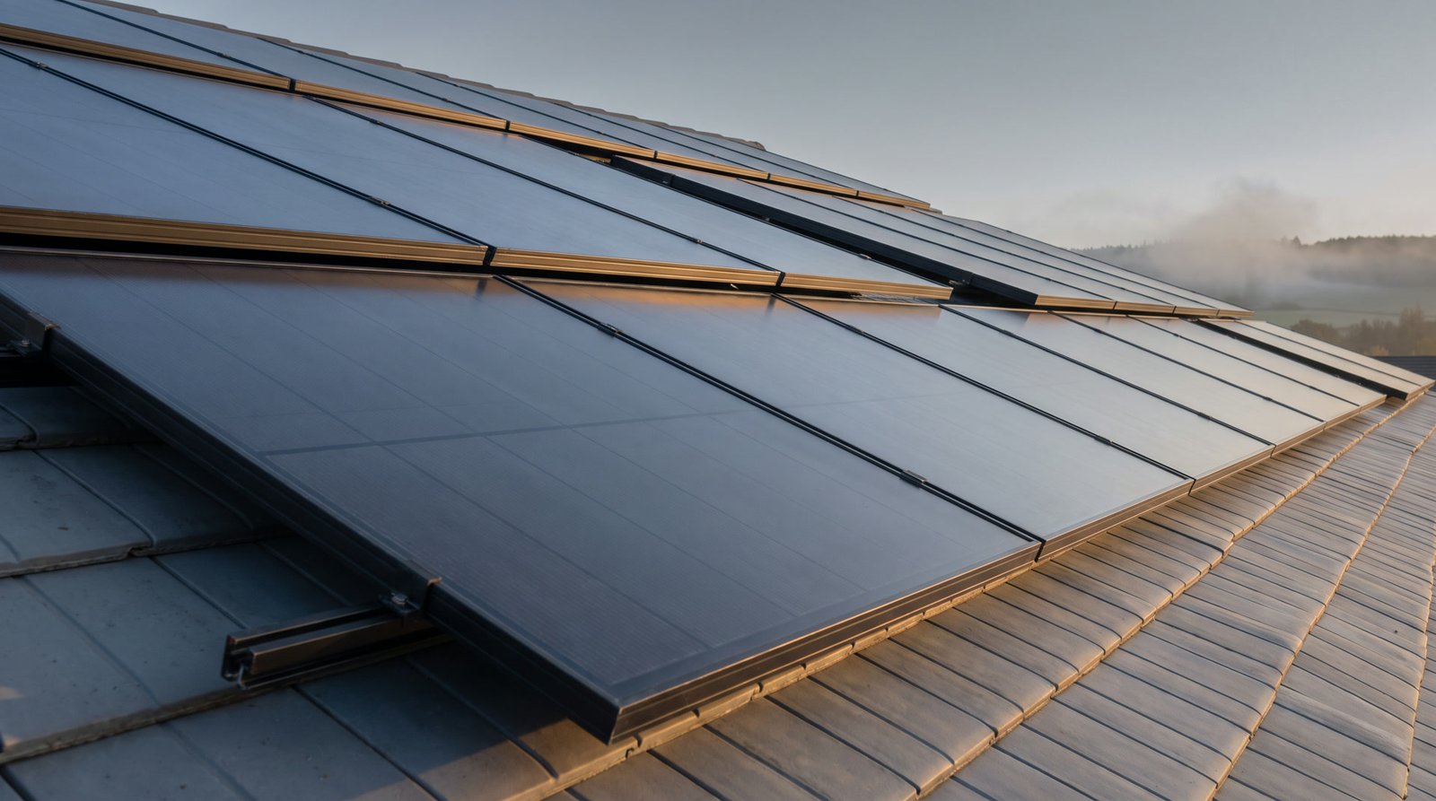 Photovoltaikmodule in gleichmäßigen Reihen auf einem Ziegeldach im Morgenlicht